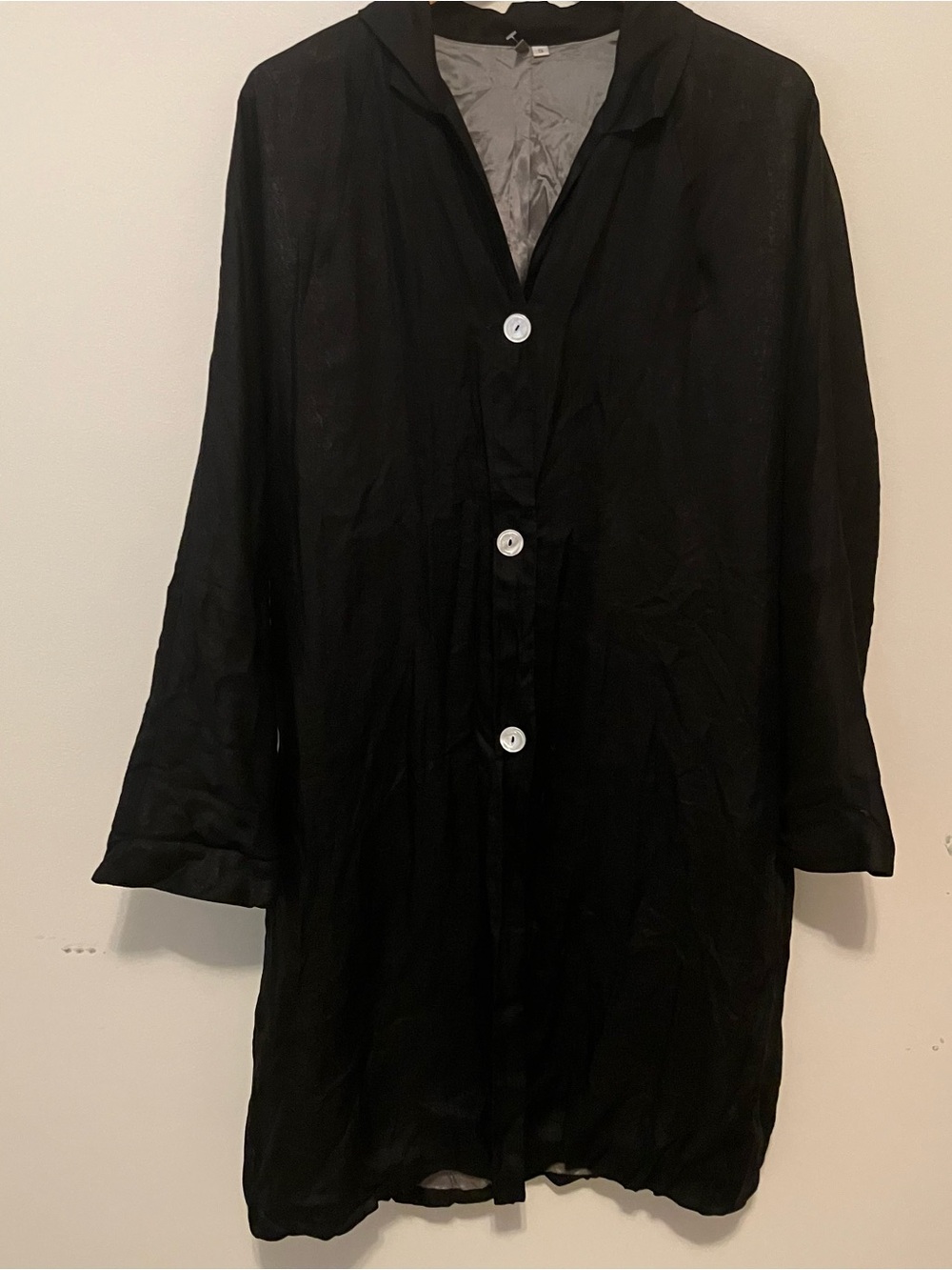 Women’s Long Black Linen Duster Coat S Lined Button Down Lagenlook Minimalist